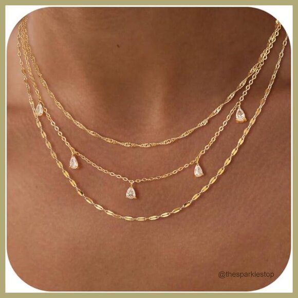 Jewelry - 14k Gold Plated Layered Necklace Set with CZ Choker